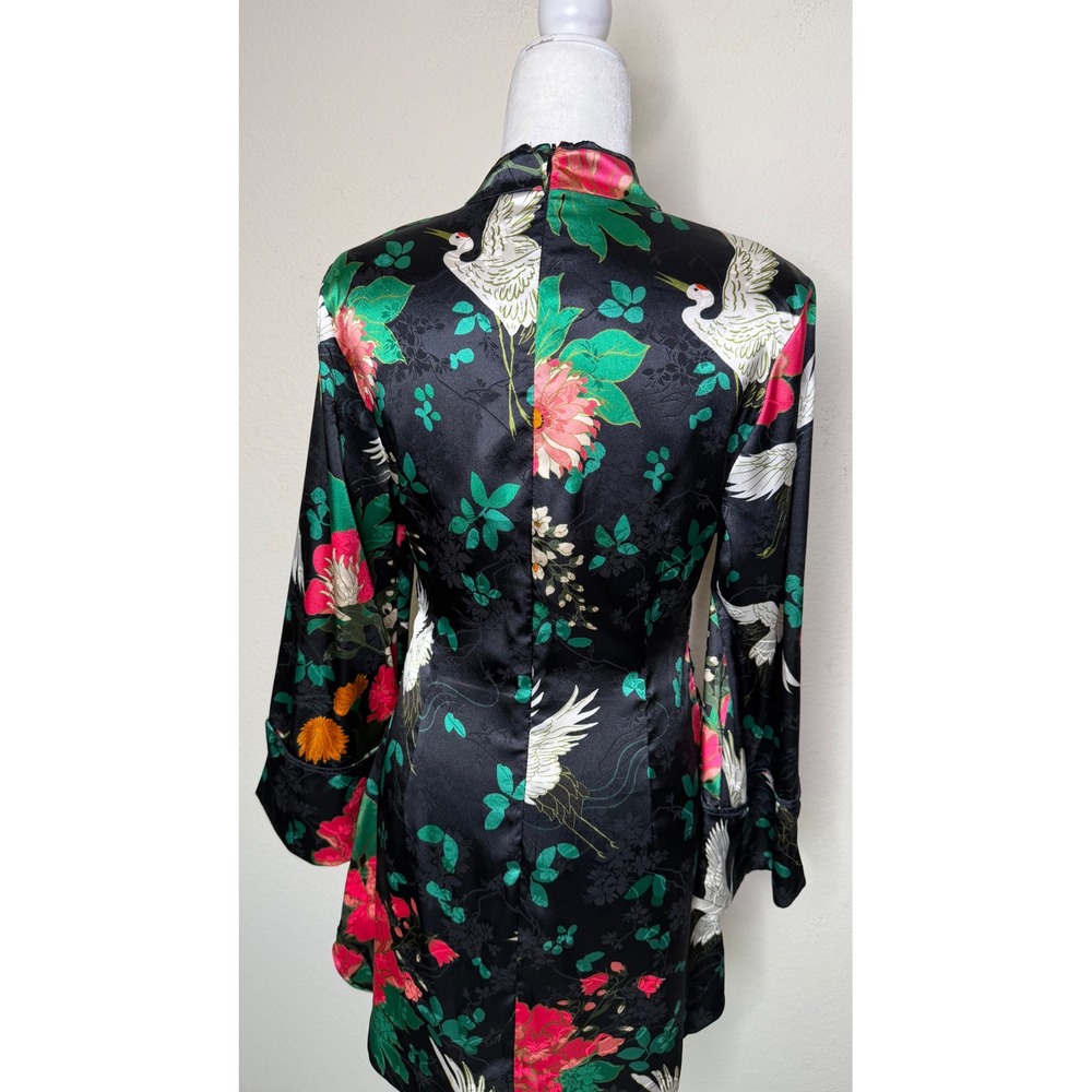Zara Oriental Crane Floral Satin Mini Dress Large Cheongsam Qipao Mandarin - Picture 7 of 16